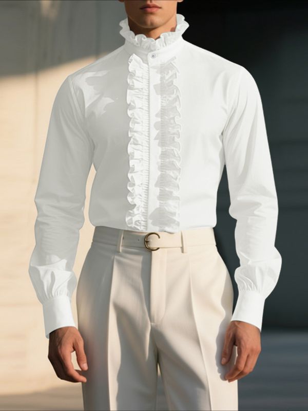 Men's Solid Color Ruffle Patchwork Long Sleeve Shirt SKUL42549