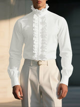 Men's Solid Color Ruffle Patchwork Long Sleeve Shirt SKUL42549