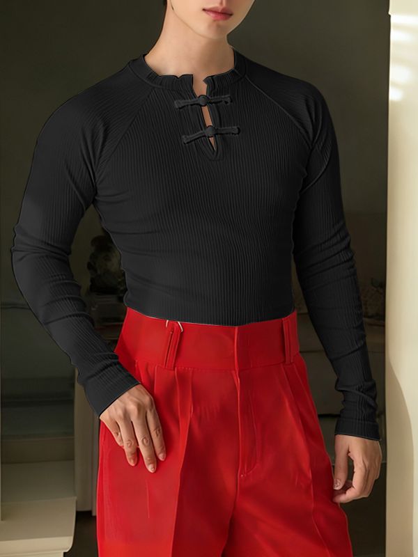 Men's Solid Color Textured Long Sleeve T-shirt SKUL45408