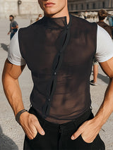 Mens Sheer Mesh Patchwork Colorblock Short Sleeve T-Shirt SKUL05494