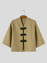 Men's Neo-Chinese Chic Tea Gathering Contrast Frog Button V-Neck Cropped Shirt SKUL86017