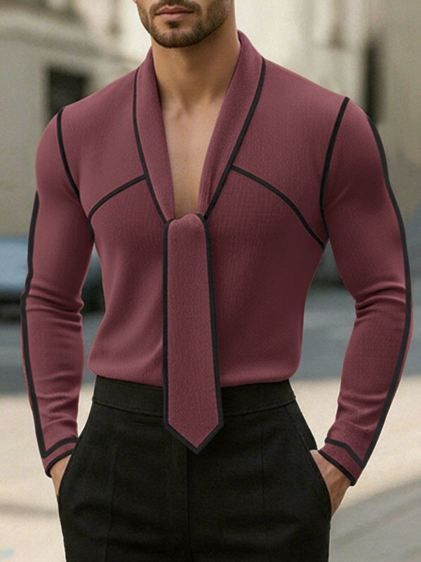 Men's Knit Contrast Color Tie Long Sleeve T-shirt SKUL43758