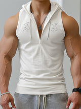 Mens Solid Color V-Neck Hooded Sleeveless Tank SKUK76254