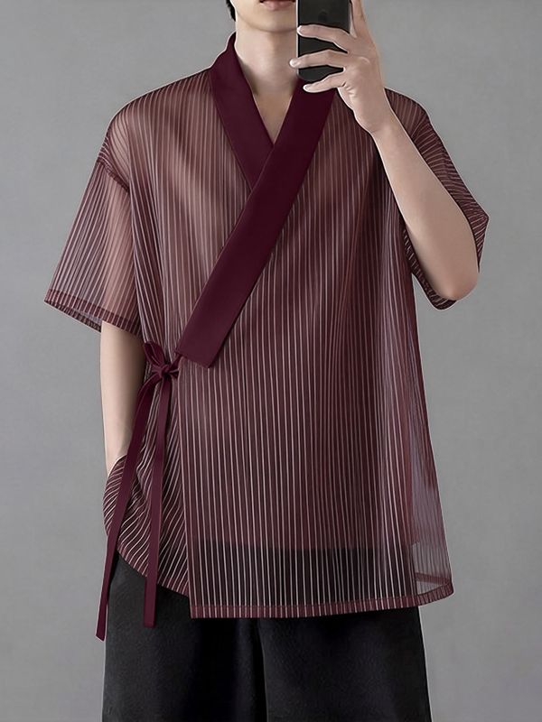 Men's Avant-Garde Sheer Organza Stripe Cross Wrap Tie Side V-Neck Cardigan SKUL62036