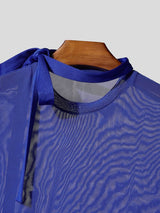 Men's Sheer Mesh Elongated Ribbon Tie Short Sleeve T-shirt SKUL56286