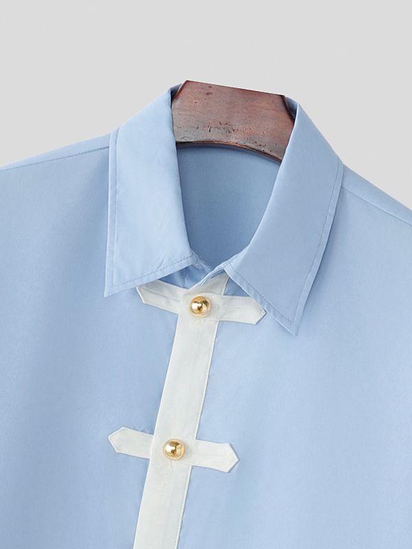 Men's Contrast Color Patchwork Gold Frog Button Lapel Short Sleeve Shirt SKUL61865
