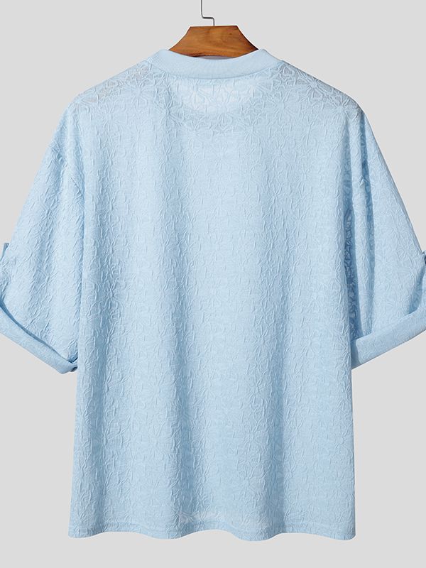 Men's Jacquard Sheer Knit 3/4 Length Sleeve T-Shirt SKUL38885