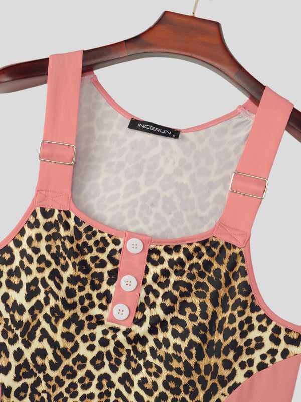 Men's Clubwear Leopard Print Color Block Strap Button Tank SKUL73608