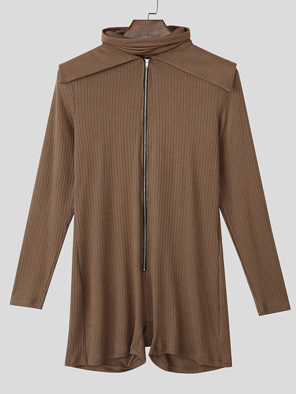 Men's Knitted Textured Lapel Zipper Long Sleeve Bodysuit SKUL45147