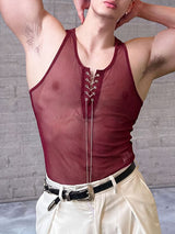 Men's Avant-Garde High Stretch Sheer Mesh Metal Chain Lace-Up Deep Scoop Neck Tank SKUL60132