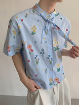Men's French Romantic Pastoral Floral Print Short Sleeve Shirt SKUL73513