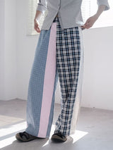Men's Japanese Streetwear Asymmetrical Plaid Patchwork Wide-Leg Pant SKUL69636