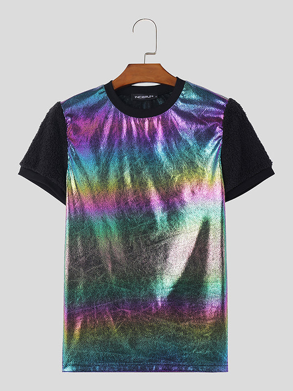 Mens Glitter Ombre Fleece Patchwork T-Shirt SKUK48483