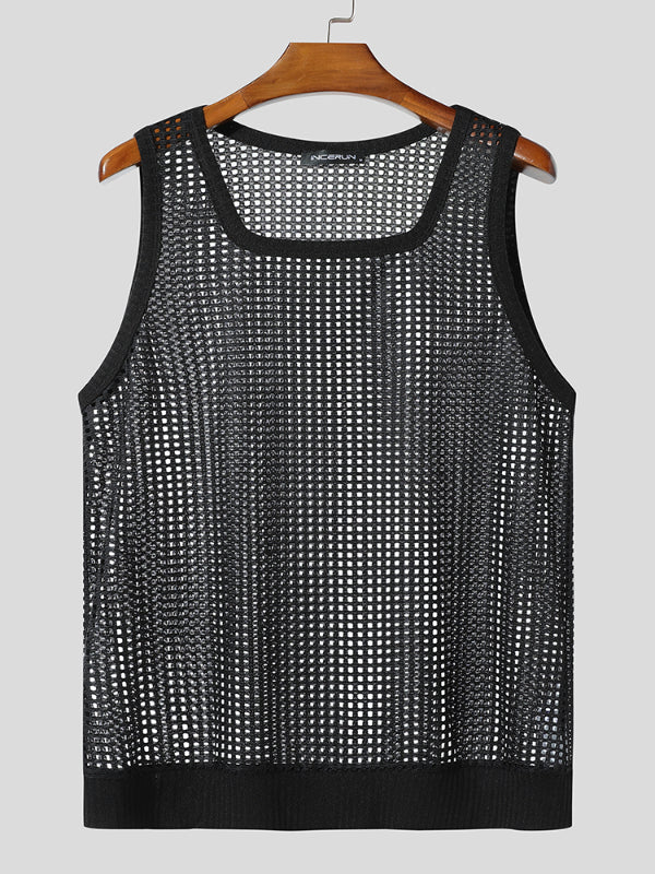 Mens Sheer Mesh Hollow Square Neck Tank SKUL15530