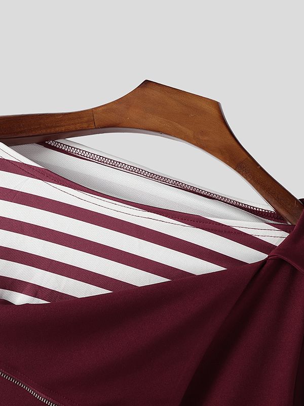 Men's Shoulder Zipper Design Stripe Patchwork Long Sleeve T-shirt SKUL43742