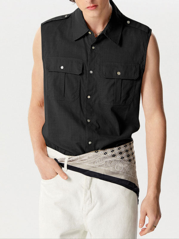 Mens Solid Double Pockets Sleeveless Shirt SKUK46353