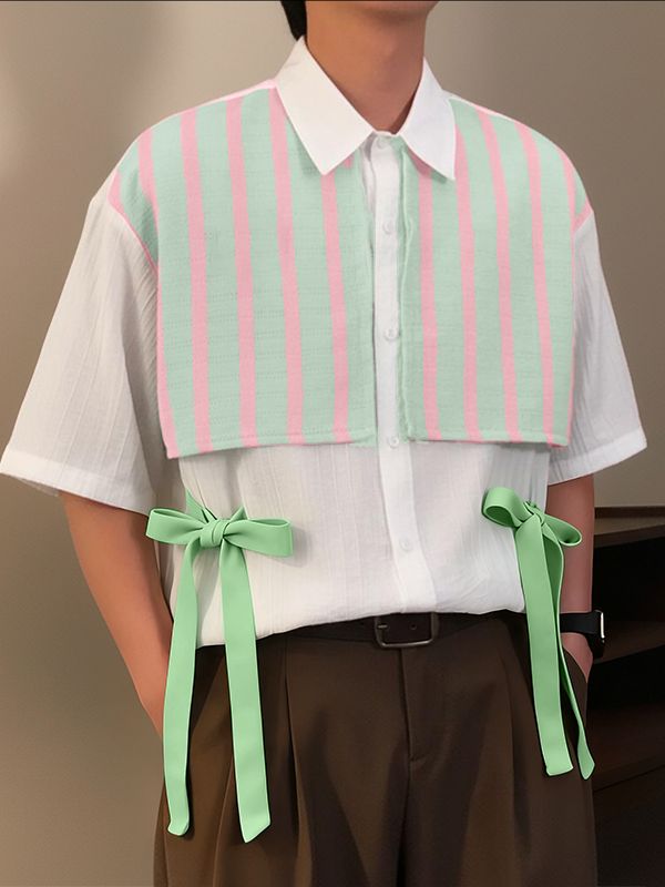Men's Bow Patchwork Striped Half Sleeve Shirt SKUL39389