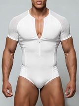 Men's Sheer Mesh Patchwork Short Sleeve Bodysuit SKUL48682