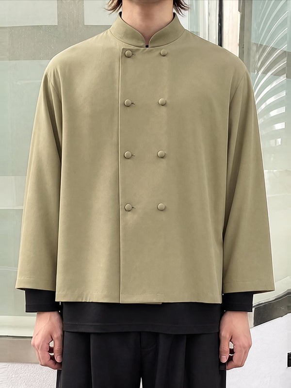 [Pre-order] Men's Neo-Chinese Chic Daily Commute Covered Button Straight Hem Cropped Shirt SKUL88544