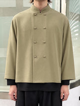 [Pre-order] Men's Neo-Chinese Chic Daily Commute Covered Button Straight Hem Cropped Shirt SKUL88544