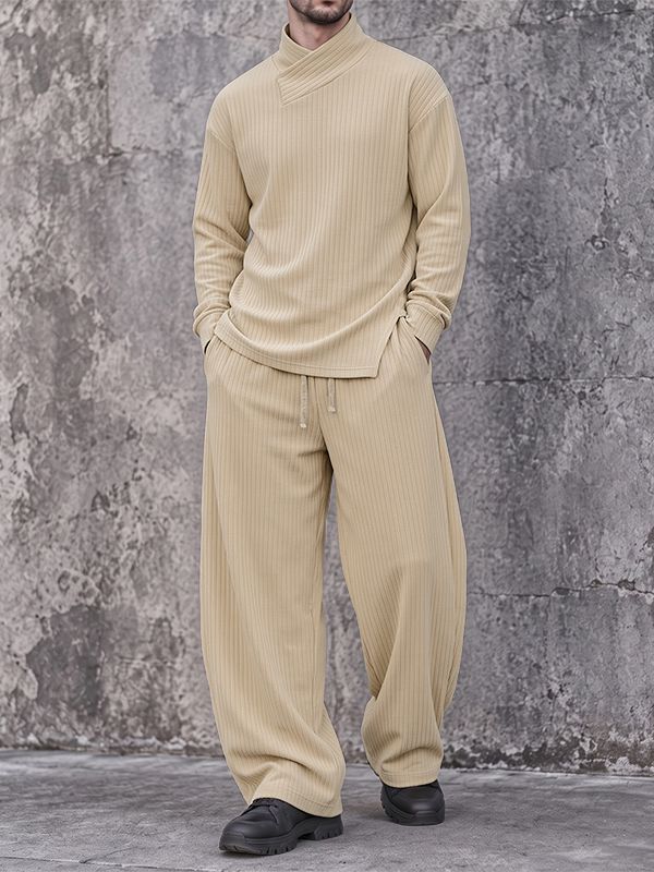 Men's Zen Minimalist Art Exhibition Asymmetric Wrap Neck Ribbed Two Pieces Outfit SKUL85948