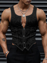 Mens Solid Color Sheer Lace Fitted Tank SKUL09537