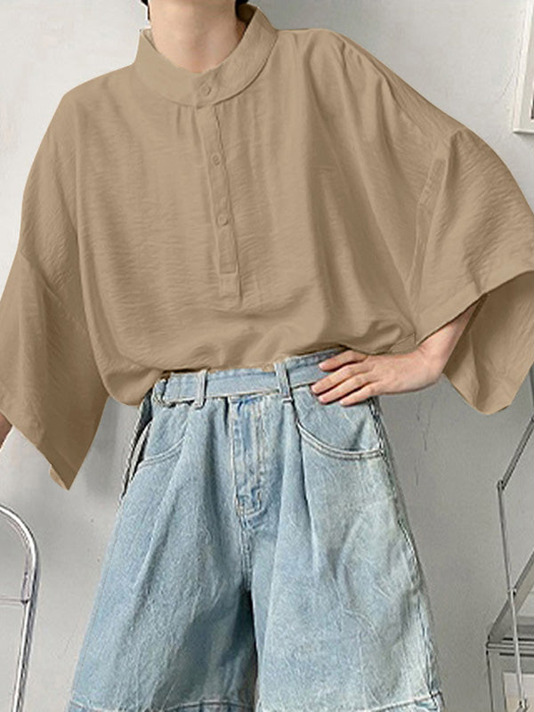 Mens Solid Stand Collar Loose Henley Shirt SKUK19640