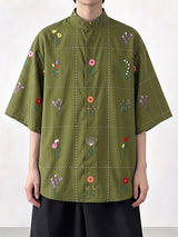 Men's Avant-Garde Neo-Chinese Dotted-Grid Floral Print Short Sleeve Shirt SKUL72451