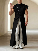 Men's Avant-Garde Asymmetrical Slant-Button High-Slit Sleeveless Floor-Length Shirt SKUL62064