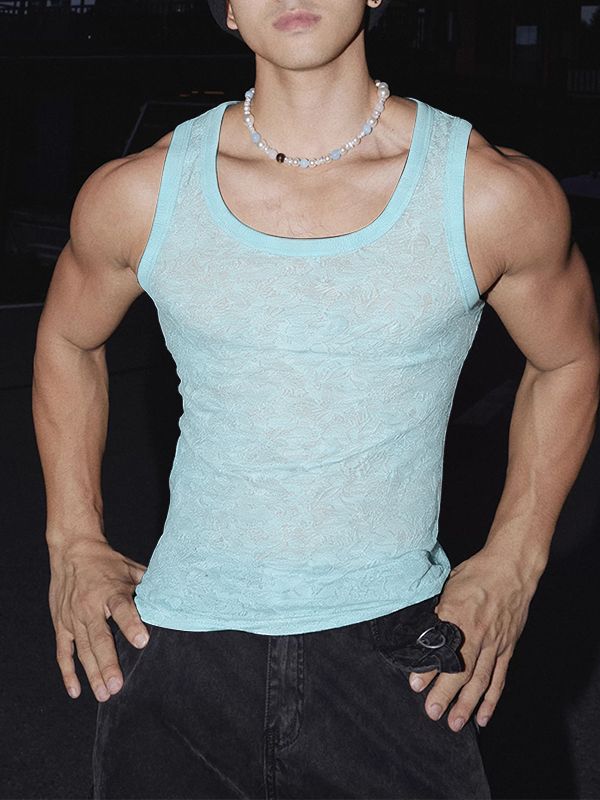 Men's Sheer Lace Jacquard Textured Tank SKUL54098