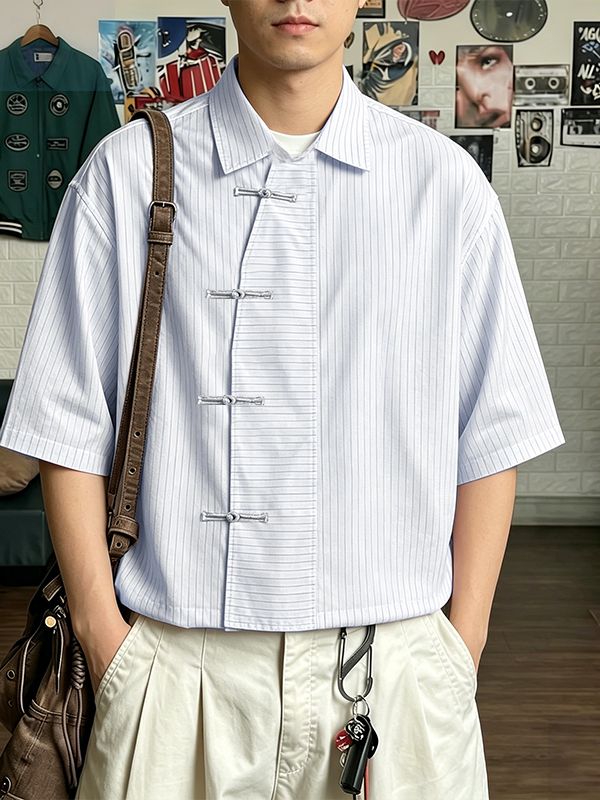 Men's New Chinese Style Vertical Stripe Frog Button Short Sleeve Shirt SKUL60142