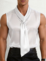 Men's Semi-Sheer Integrated Wide Tie Draped Neck Sleeveless Shirt SKUL57510