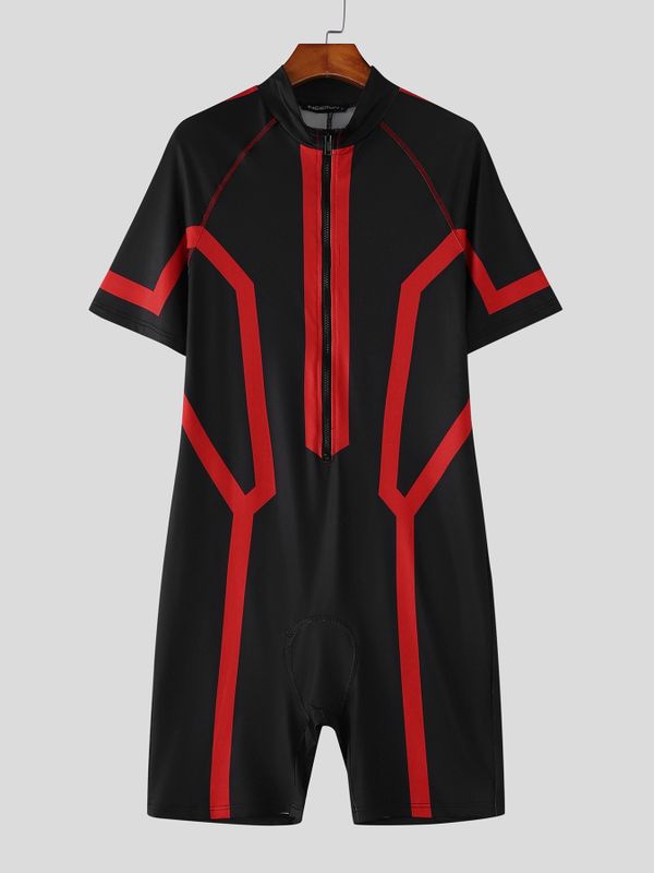 Men's Techwear Cycling Contrast Geometric Stripe Front Zipper Bodysuit SKUL63136