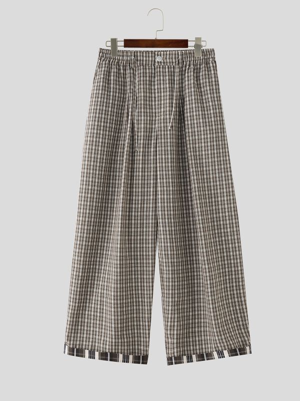 Men's Vintage Cityboy Gingham Plaid Contrast Layered Cuff Baggy Wide-Leg Pant SKUL69700
