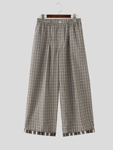 Men's Vintage Cityboy Gingham Plaid Contrast Layered Cuff Baggy Wide-Leg Pant SKUL69700