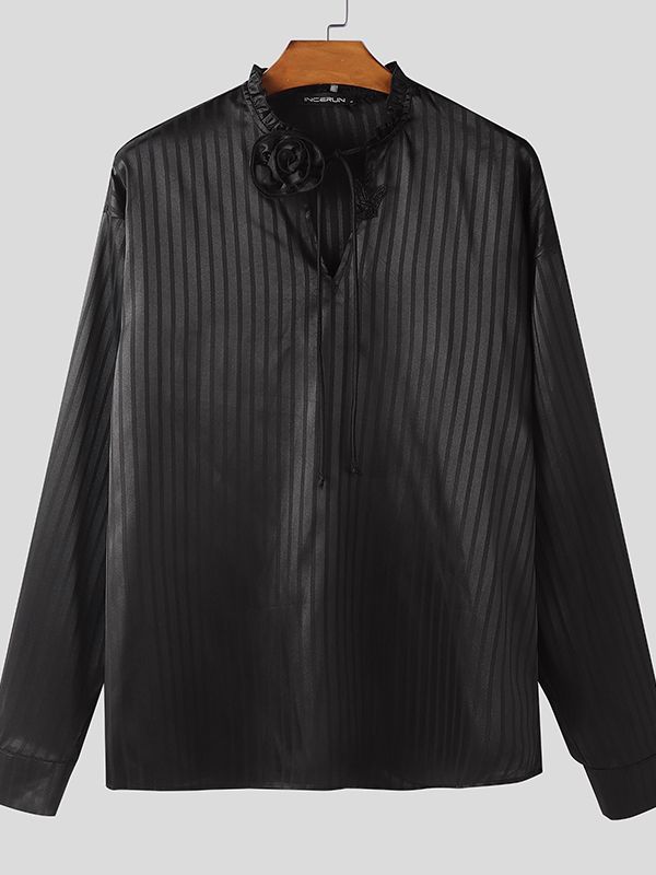 Men's 3D Floral Patchwork Striped Long Sleeve Shirt SKUL47794