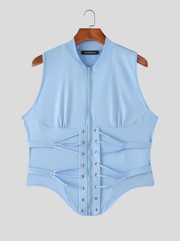 Men's Avant-Garde Deconstructed Corset-Lacing Zippered Utility Tank SKUL69065