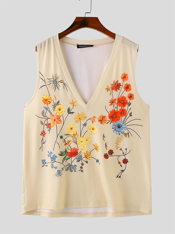 Mens Floral Print V-Neck Sleeveless Tank SKUK65103