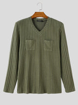Men's Early Autumn Urban Casual Ribbed Double Pocket Long Sleeve V-Neck Sweater SKUL81073