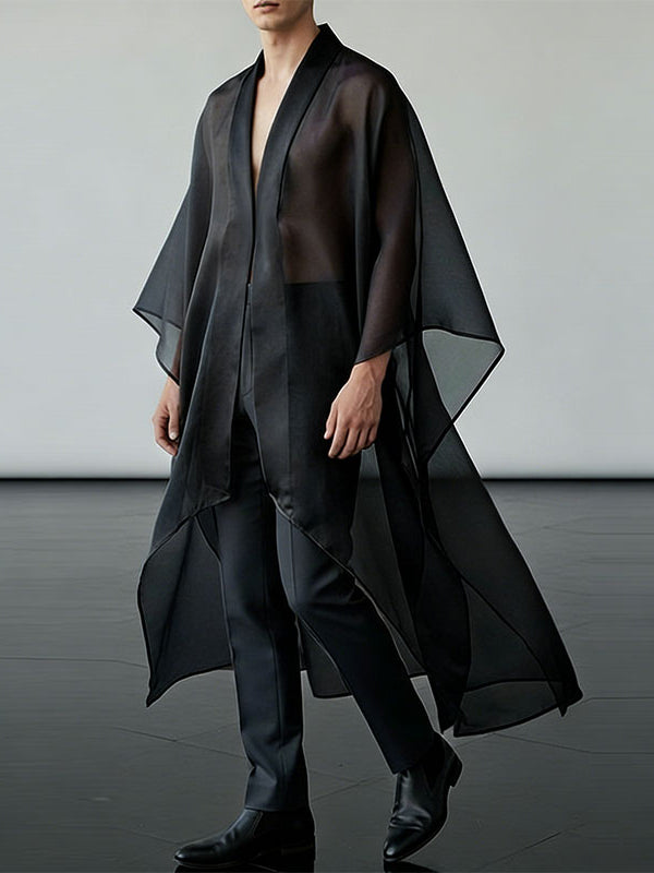 Men's Solid Color Sheer Mesh Loose Fit Cardigan SKUL47710