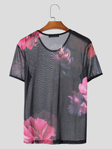 Mens Floral Print Sheer Short Sleeve T-Shirt SKUK68451