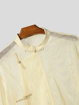 Men's Vintage Modern Chinese Mandarin Collar Sheer Mesh Cropped Frog Button Short Sleeve Shirt SKUL67081