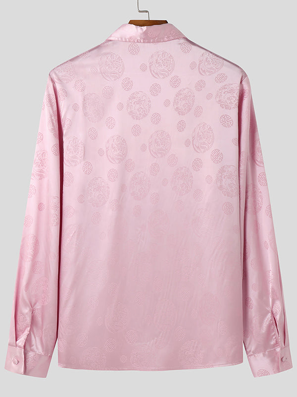 Mens Chinese-Style Print Satin Long-Sleeve Shirt SKUK98809