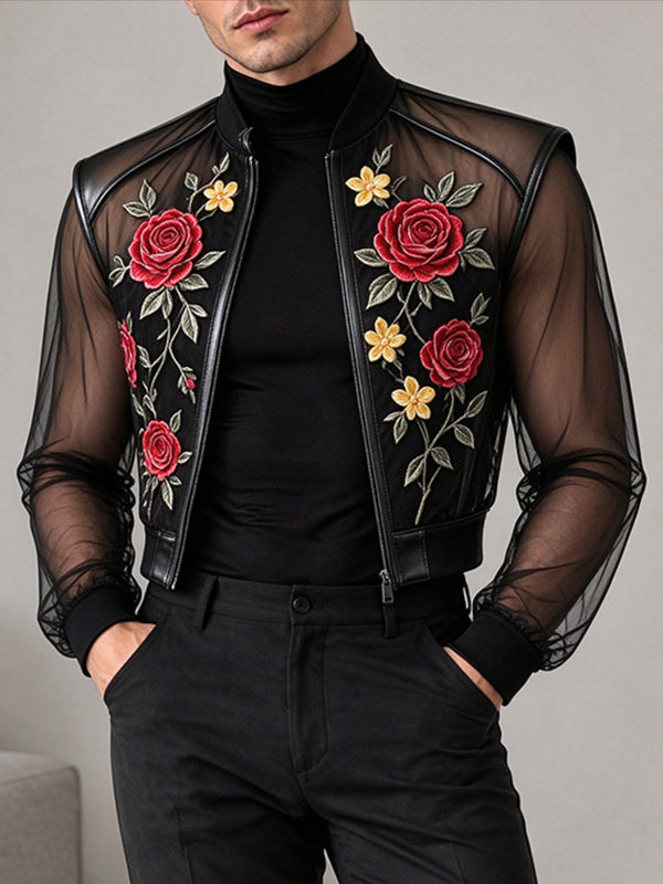 [Pre-order] Men's Avant-Garde Nightclub Party Rose Floral Embroidered Sheer Mesh Cropped Bomber Jacket SKUL89247