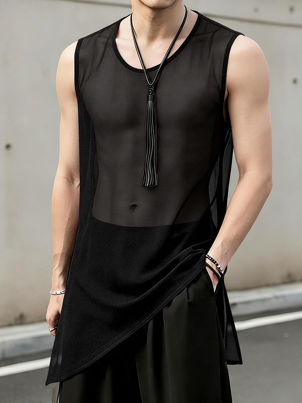 Men's Sexy Avant-Garde Asymmetric Hem Sheer Mesh Longline Sleeveless Tank SKUL66052