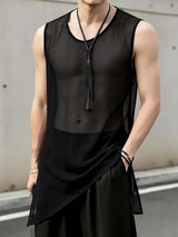 Men's Sexy Avant-Garde Asymmetric Hem Sheer Mesh Longline Sleeveless Tank SKUL66052