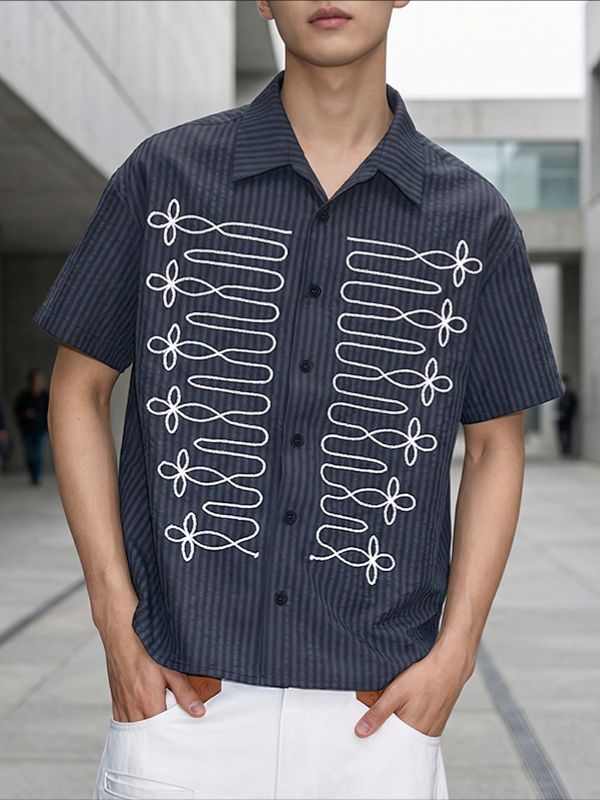 Men's High-Street Japanese Harajuku Vintage Braided Rope Print Short Sleeve Shirt SKUL69215