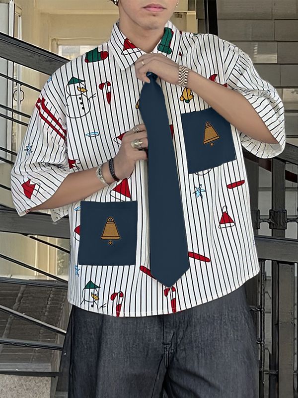 Men's Christmas Print Striped Tie Half Sleeve Shirt SKUL31820