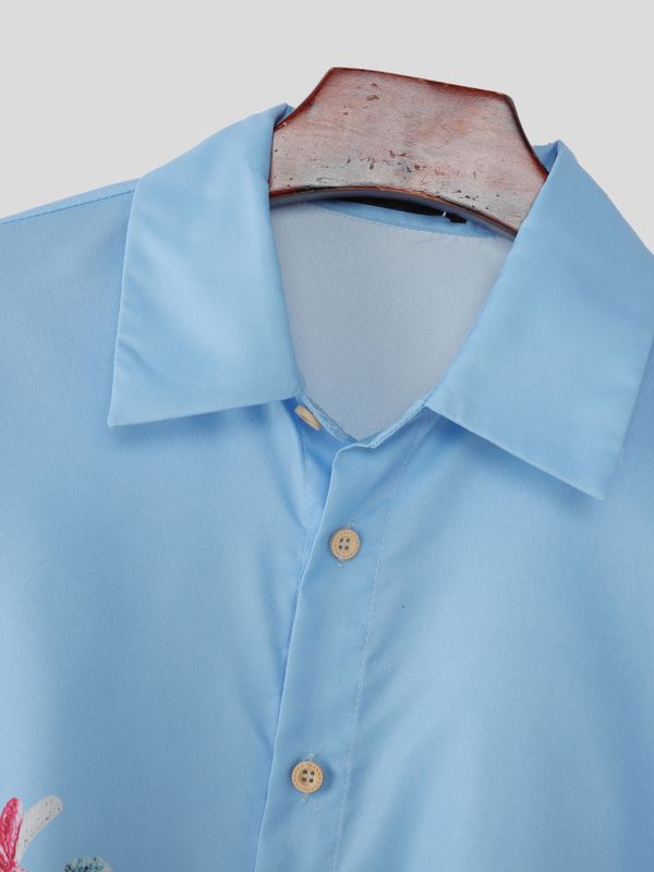 Men's Floral Faux Embroidery Print Side-Tie Ribbon Details Short Sleeve Shirt SKUL52628