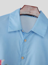 Men's Floral Faux Embroidery Print Side-Tie Ribbon Details Short Sleeve Shirt SKUL52628